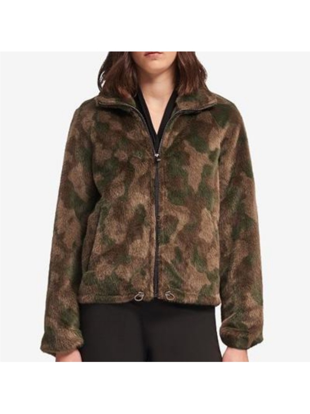 DKNY New- Faux Fur Camouflage Teddy Zip-Front Jacket